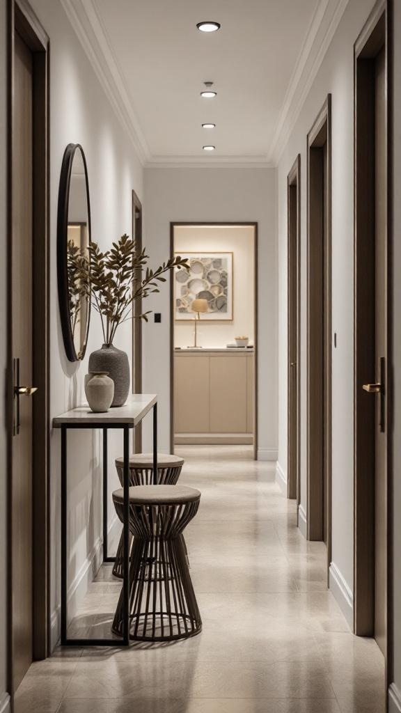 Stylish narrow hallway with a console table, stools, and decorative plants.