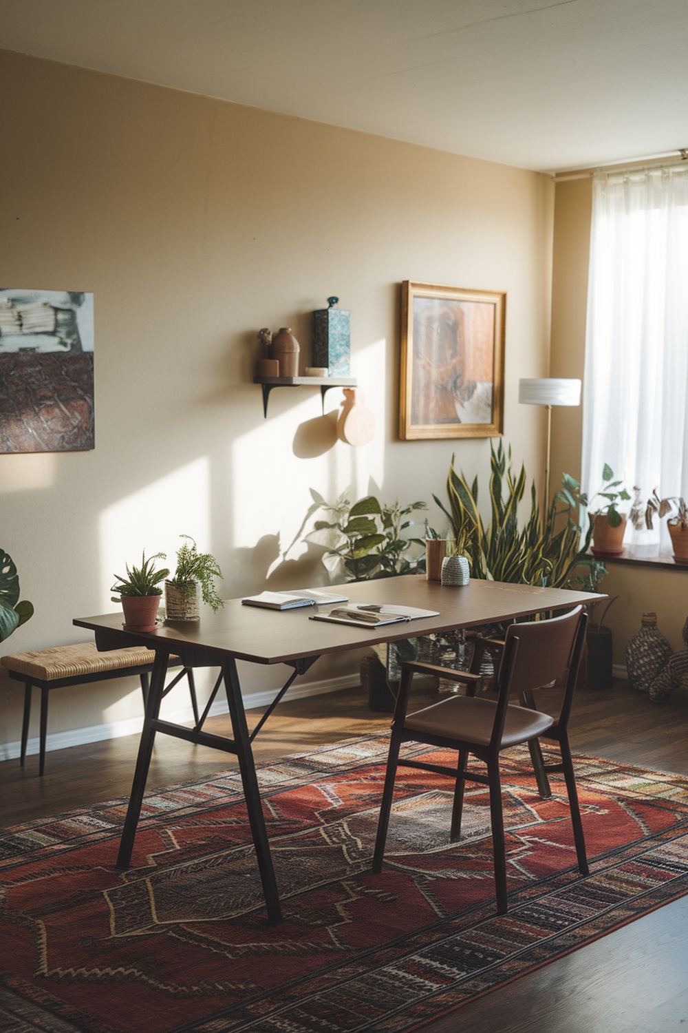 A minimalist home office featuring a wooden table, a chair, and plants, with natural light illuminating the space.