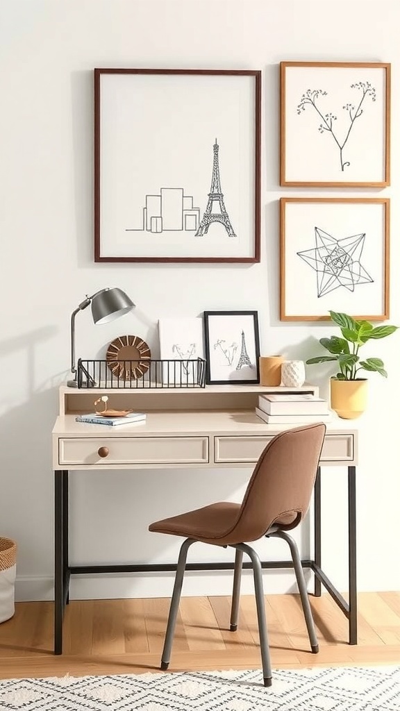 A stylish multi-use vanity area with a desk, computer, and decorative elements.