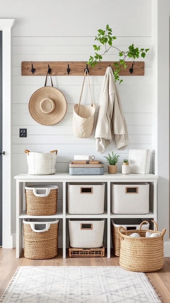 A stylish farmhouse entryway featuring a wooden shelf with hooks, woven baskets, and decorative plants.