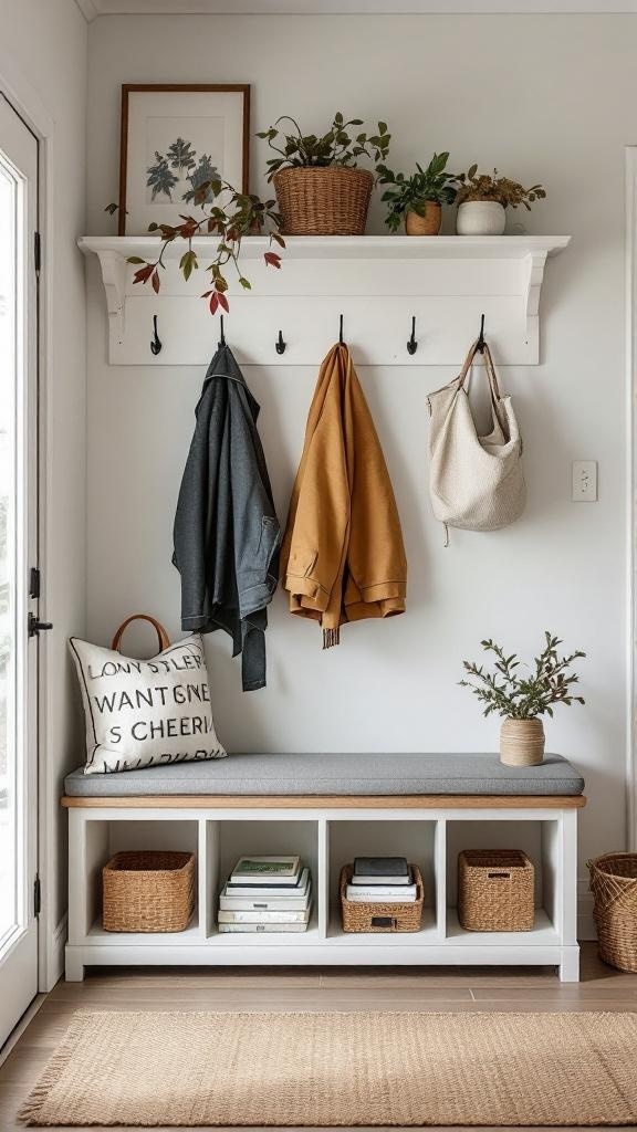 Stylish apartment entryway with a wall-mounted shelf, hooks for coats, a bench, and storage baskets.