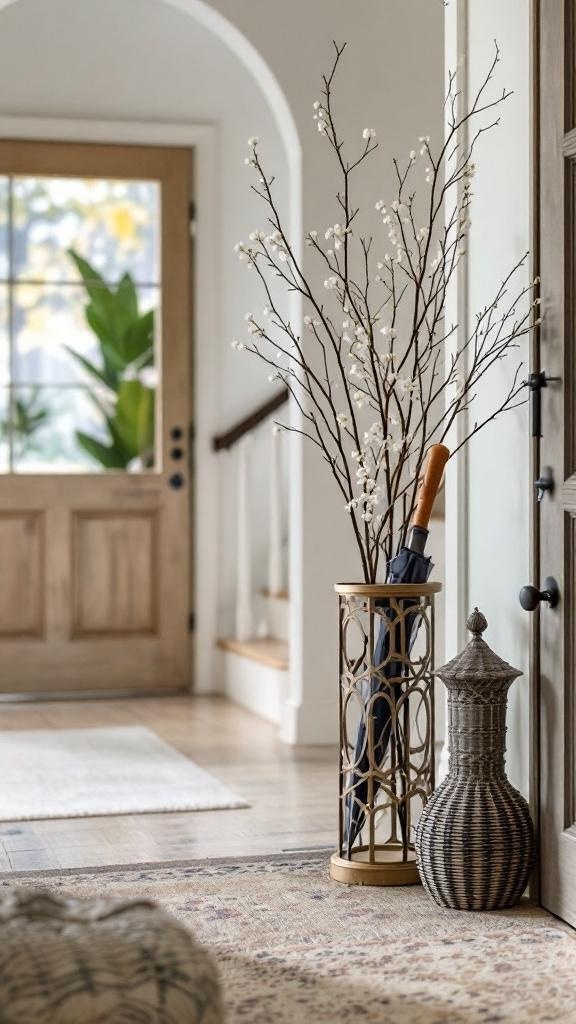 Stylish umbrella stand in an apartment entryway with a decorative branch and a woven container.