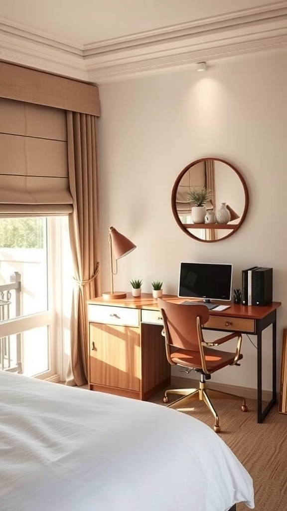 A cozy bedroom workspace with a wooden desk, computer, and plants.