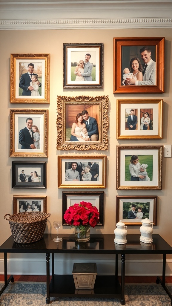 Gallery wall featuring family photos in various frames, with a cozy seating area and decorative elements.