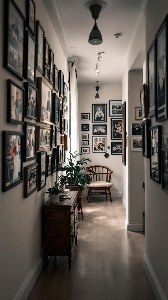 A narrow hallway decorated with a gallery wall of framed photos and a plant, creating a warm and inviting atmosphere.