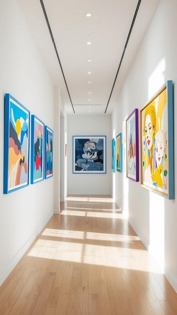 Bright hallway with colorful artwork framed in blue