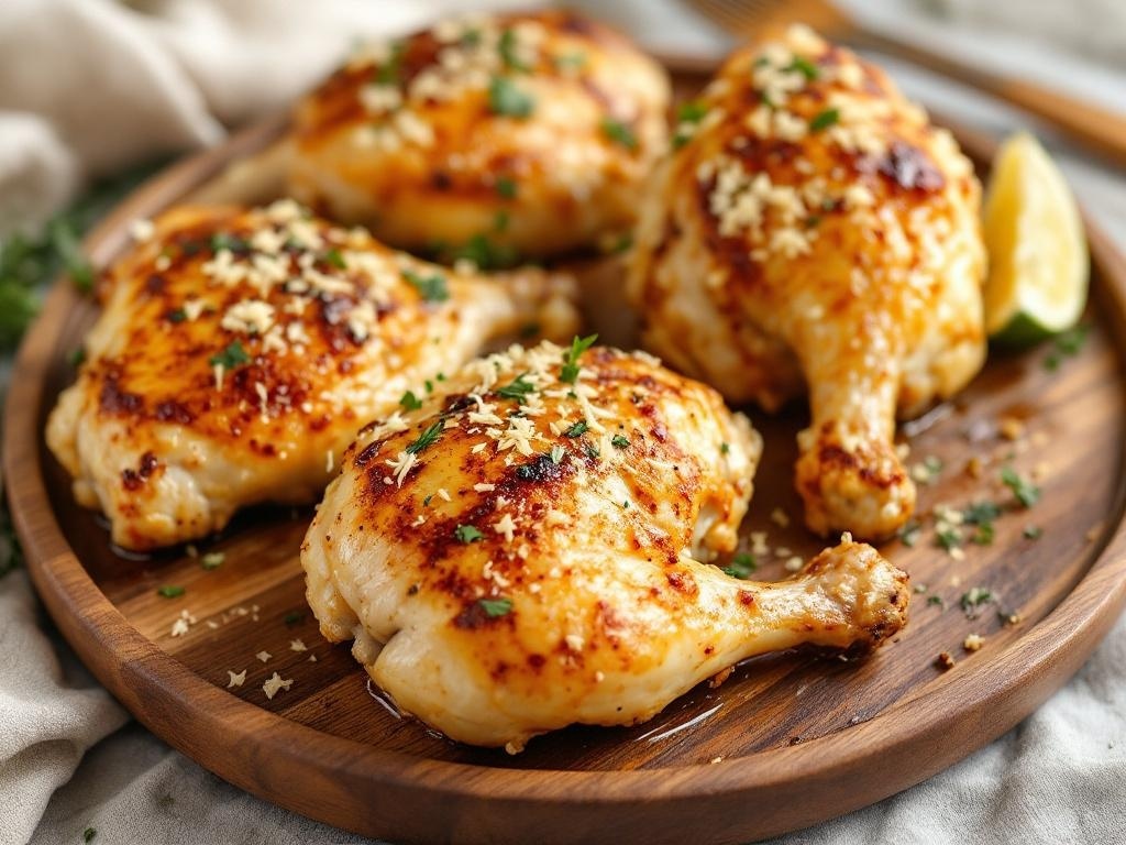 Garlic Parmesan Roasted Chicken Thighs on a wooden platter