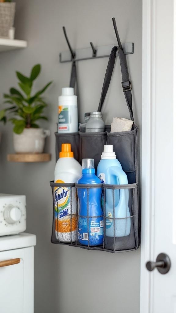 A gray hanging organizer on a wall, filled with laundry supplies, next to a plant.