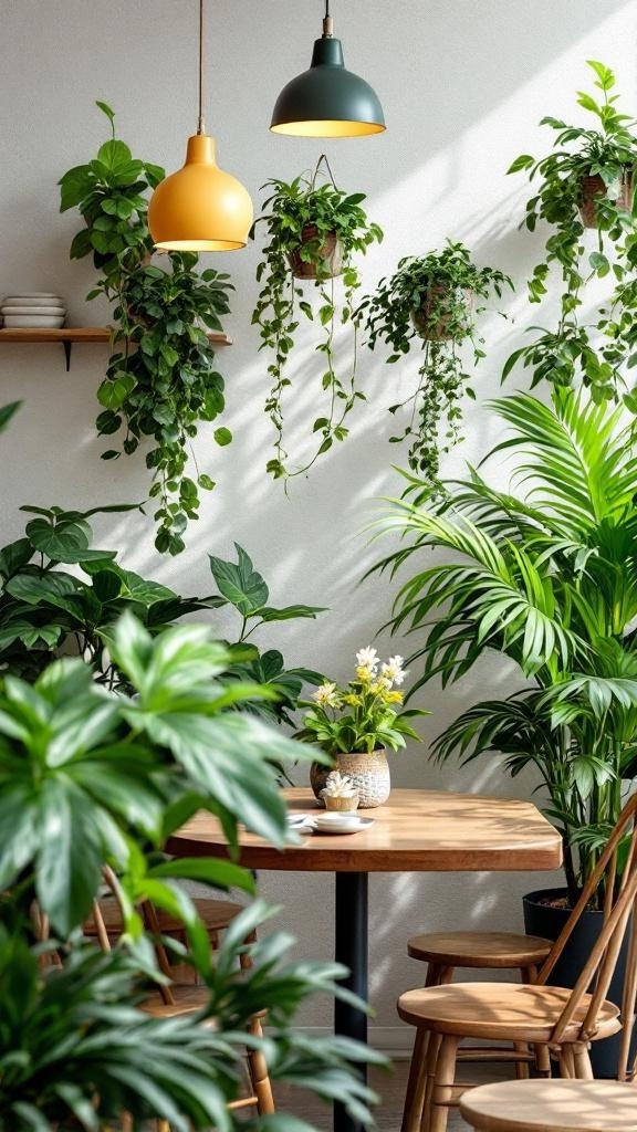 A dining room featuring hanging plants, pendant lights, and a wooden table with chairs.