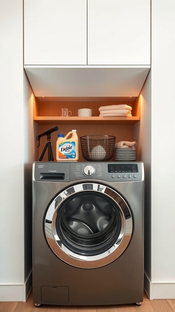 Interior view of a laundry machine with organized shelves holding detergent bottles and towels.