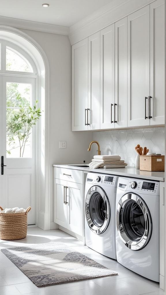A modern small laundry room with white cabinetry, a washer and dryer, and a bright window.