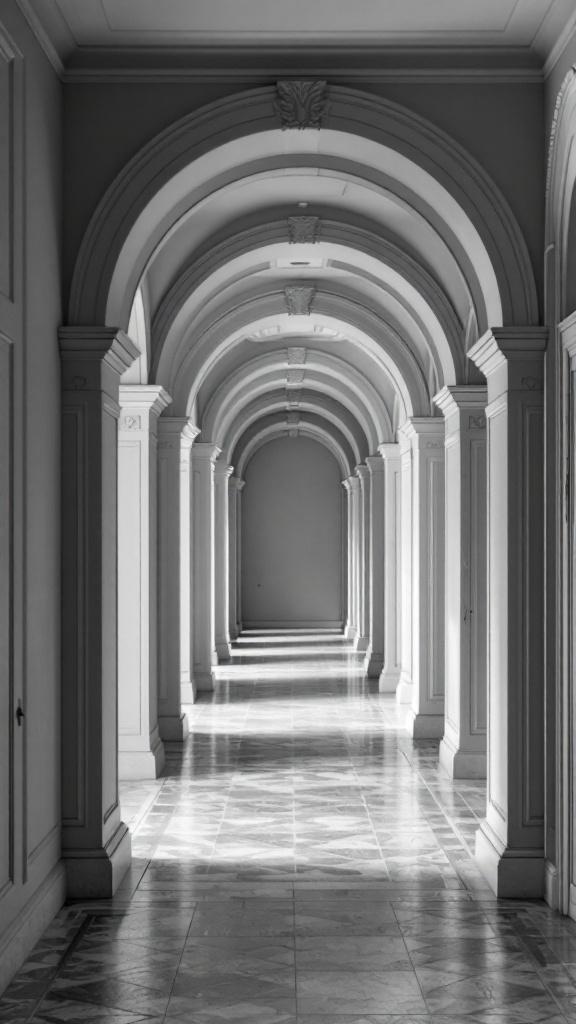 A stylish grey hallway featuring elegant arches and clean lines, with sunlight casting patterns on the floor.