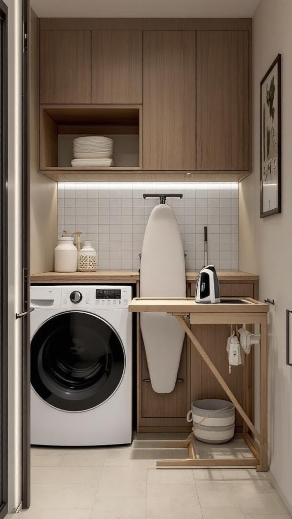 A small laundry room featuring a pull-out ironing board integrated into the countertop next to a washer and dryer.