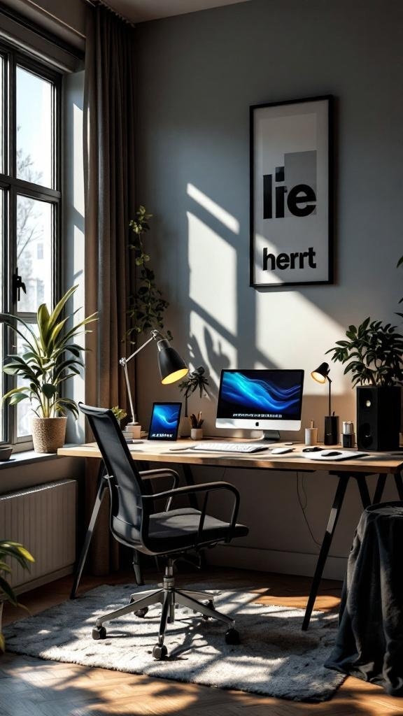 A stylish Japandi home office featuring a modern desk setup with plants and natural light.