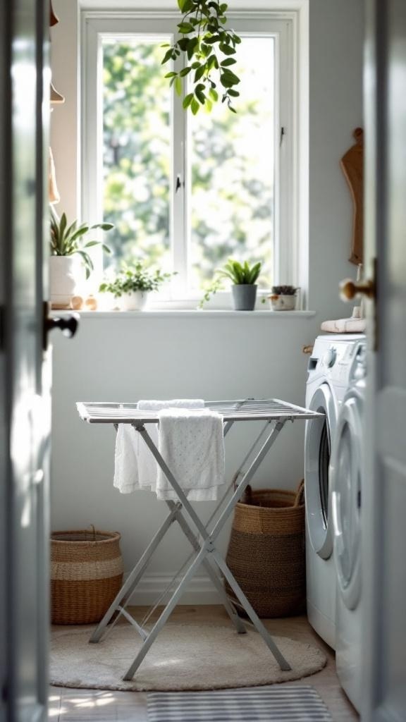 A small laundry room featuring a drying rack, plants, and a washing machine.