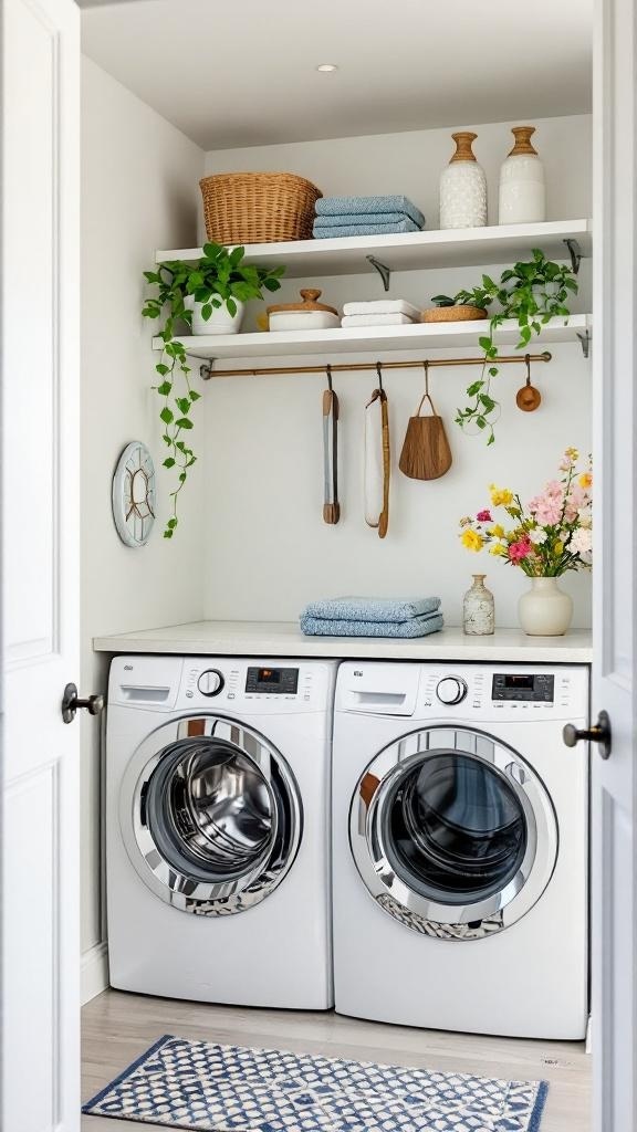 A small laundry room with a folding station, featuring a countertop, shelves, and plants.
