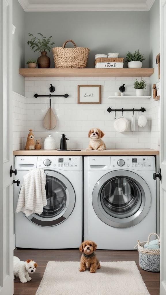 A small laundry room with two washing machines, shelves with plants and towels, and three dogs.