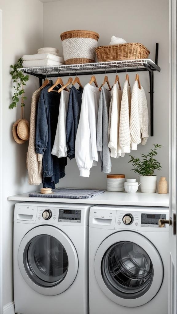 A small laundry room featuring a wall-mounted drying rack with clothes hanging, two washing machines, and decorative baskets.