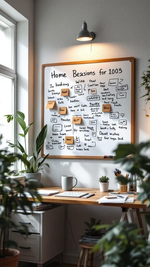 A cozy tiny home office featuring a whiteboard filled with brainstorming notes, surrounded by plants and a warm light.