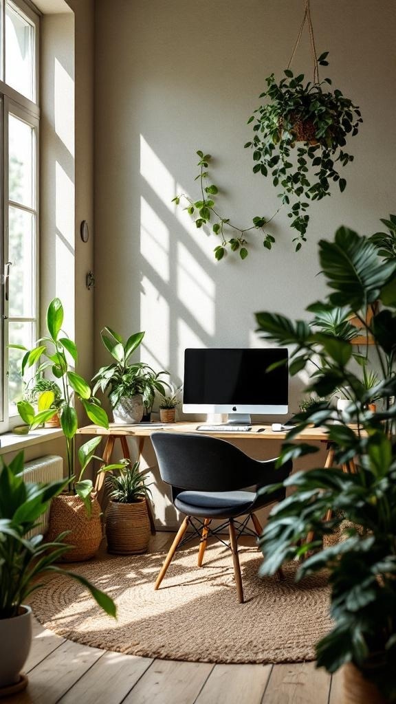 A stylish Japandi home office featuring a desk, computer, and various indoor plants.