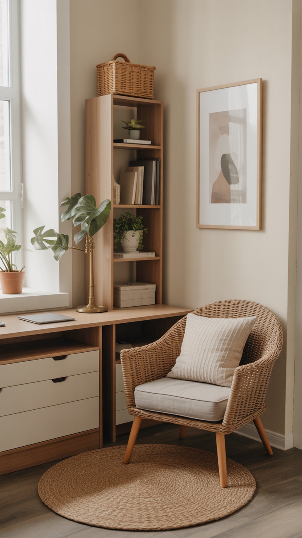 A cozy home office break area featuring a comfortable chair, a round rug, plants, and a bookshelf.