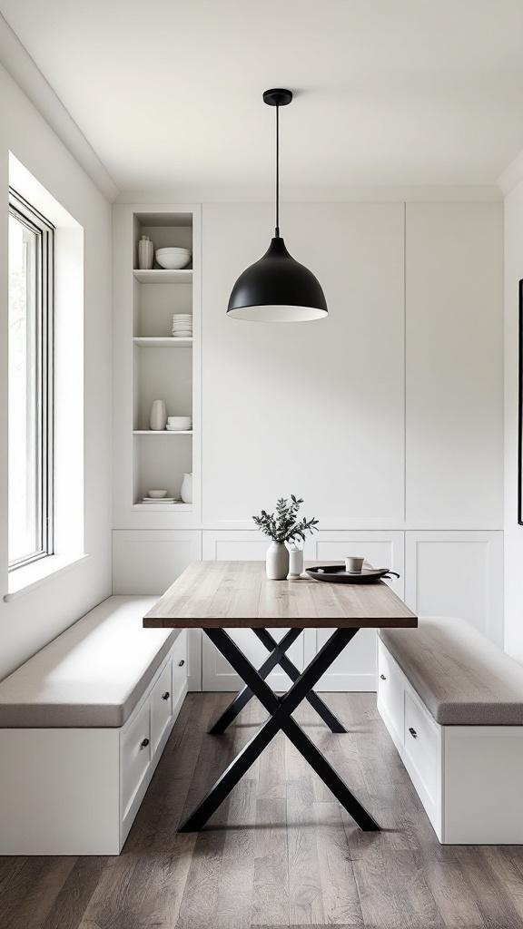 Minimalist dining room featuring built-in benches and a wooden table.