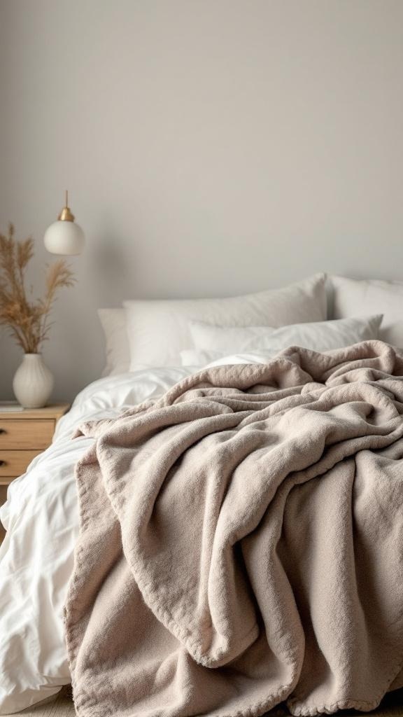 A cozy bedroom featuring a soft throw blanket draped over a neatly made bed with white linens.