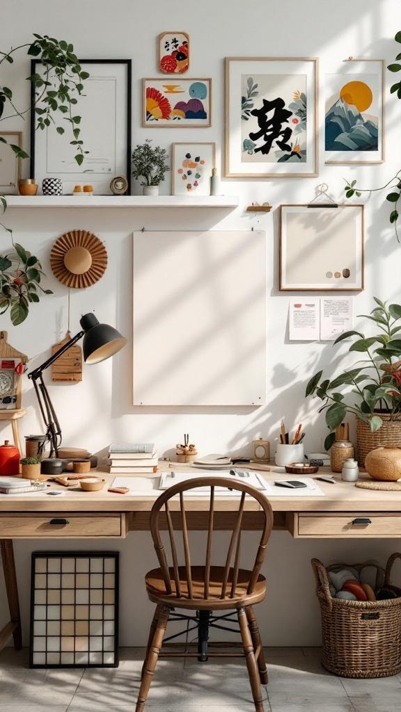 A cozy Japandi home office featuring a wooden desk, plants, and cultural artwork on the walls.