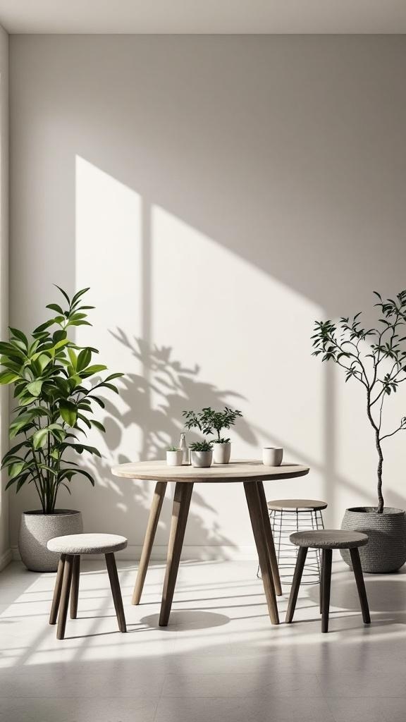 Minimalist dining room with a round wooden table, stools, and potted plants