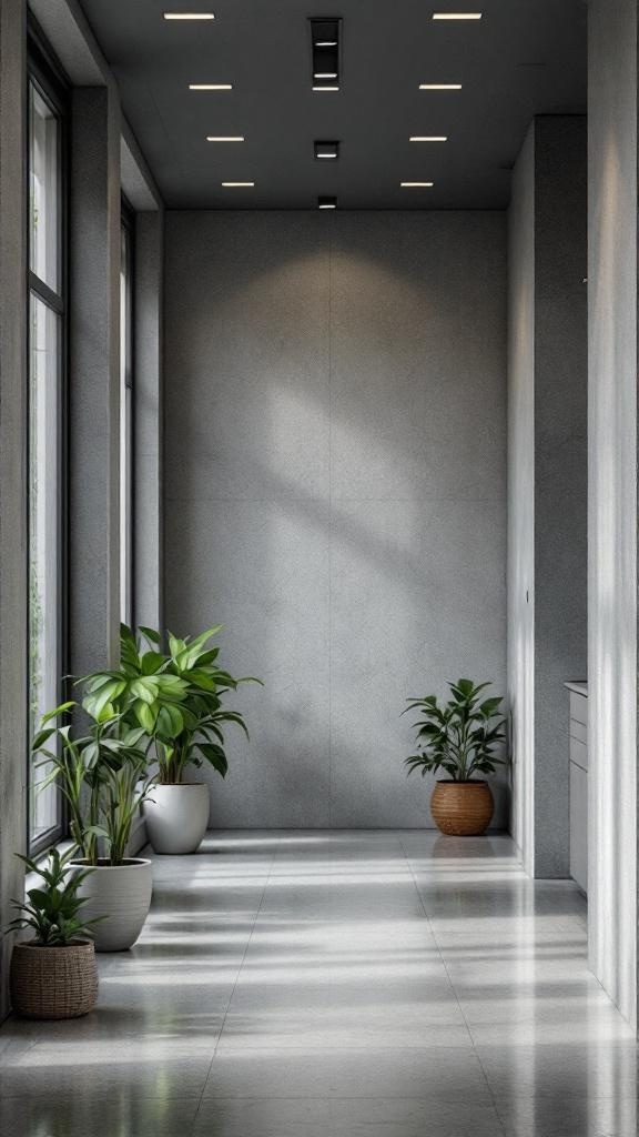 A modern grey hallway with large windows and potted plants