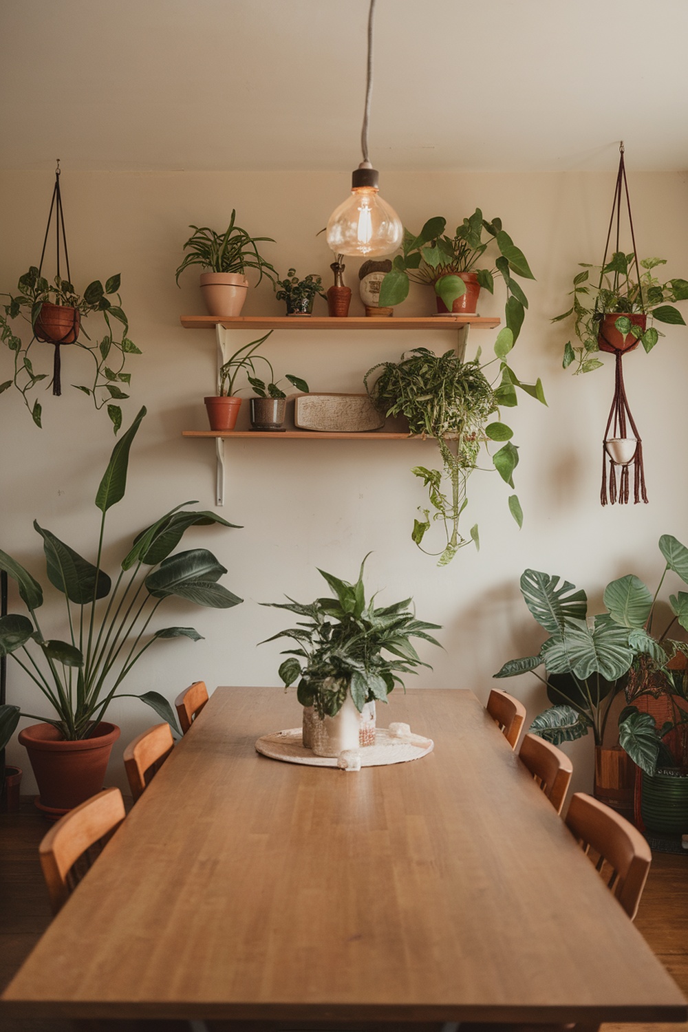 A dining room featuring a wooden table surrounded by chairs, with various plants on shelves and the floor, creating a fresh and inviting atmosphere.