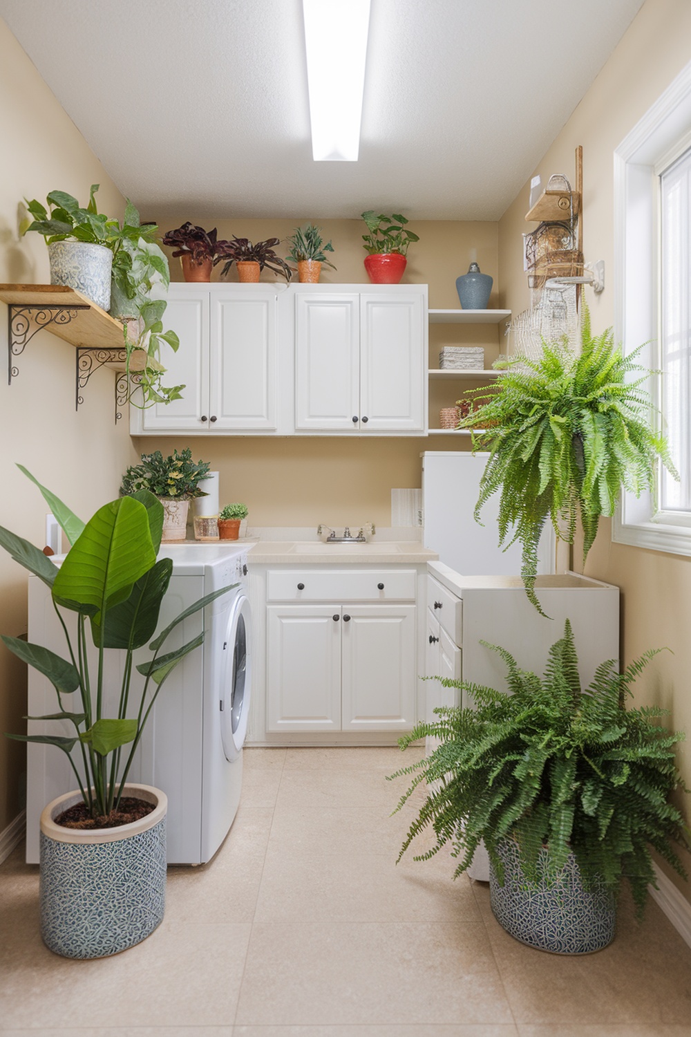 A bright laundry room with various indoor plants, including ferns and leafy greens, enhancing the space.
