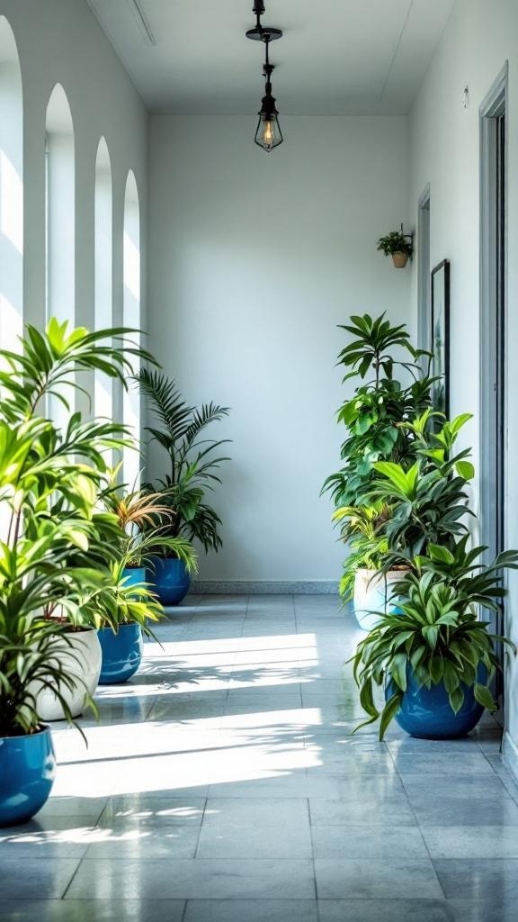 A bright hallway with green indoor plants in blue pots, featuring a hanging light fixture.