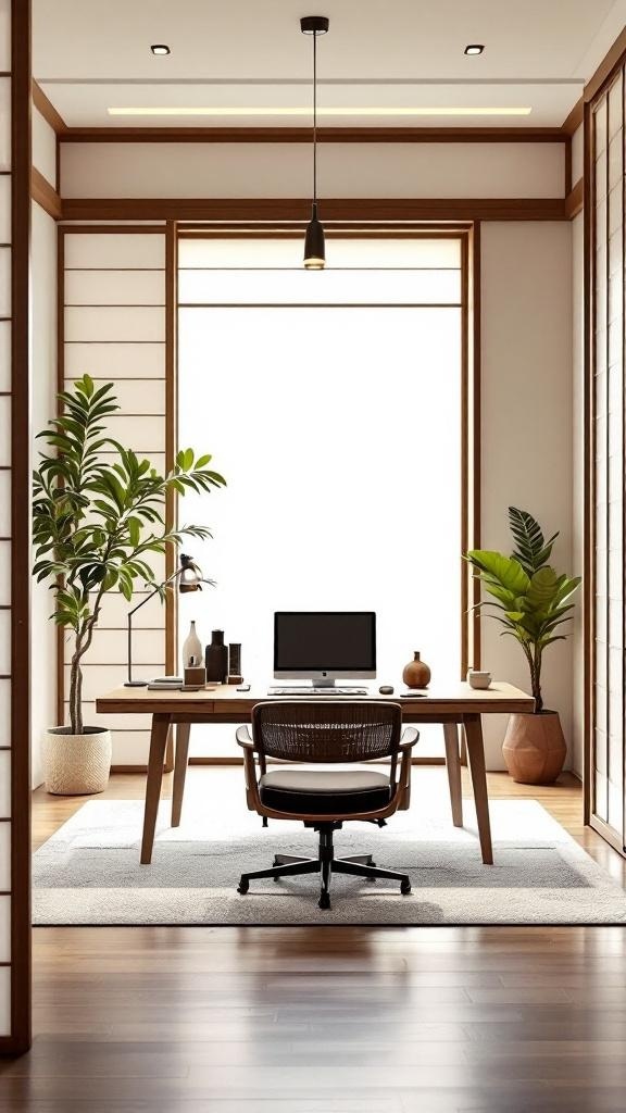 A modern Japandi home office featuring a wooden desk, plants, and natural light.