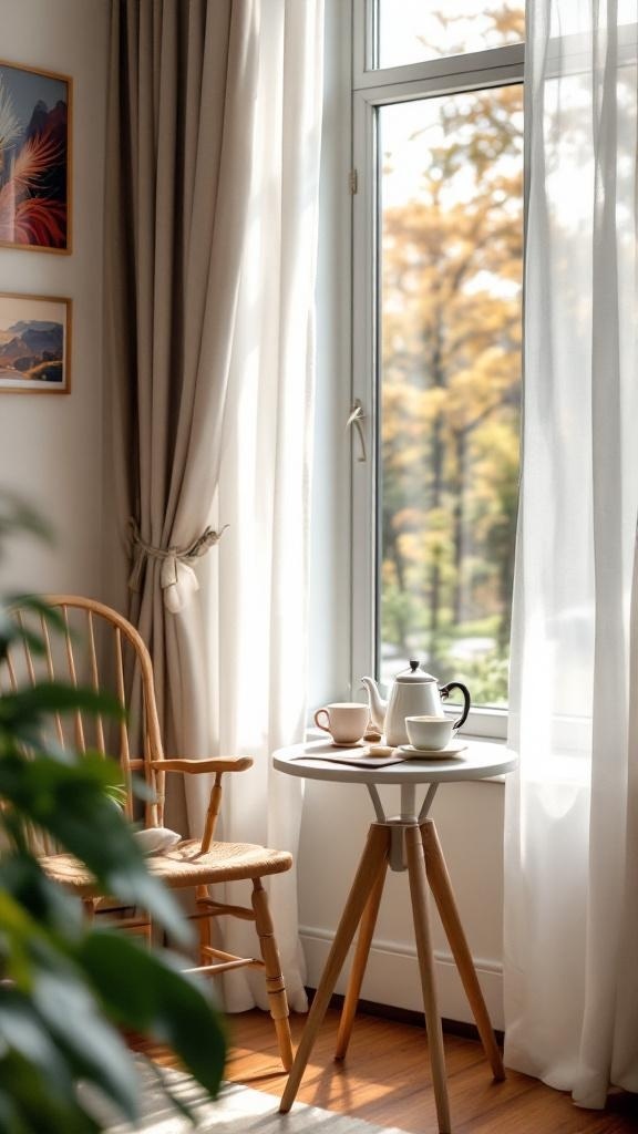 A cozy corner of a Japandi home office featuring a wooden chair, a small table with a teapot and cups, and soft natural light.
