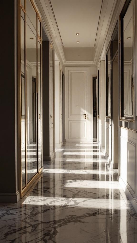 Stylish grey hallway with mirrors reflecting light