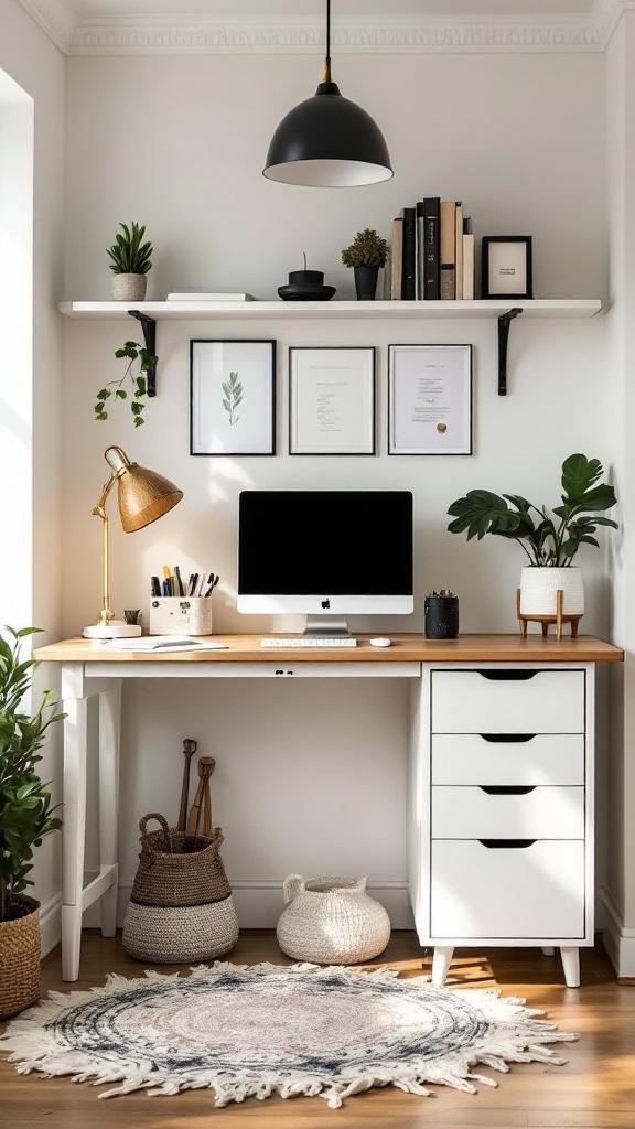 A stylish tiny home office featuring a wooden desk, a computer, shelves with plants and books, and a cozy rug.