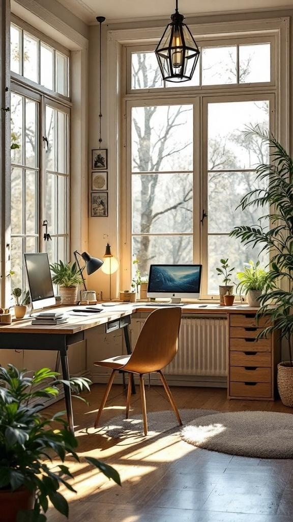 Bright tiny home office with large windows, plants, and a desk setup
