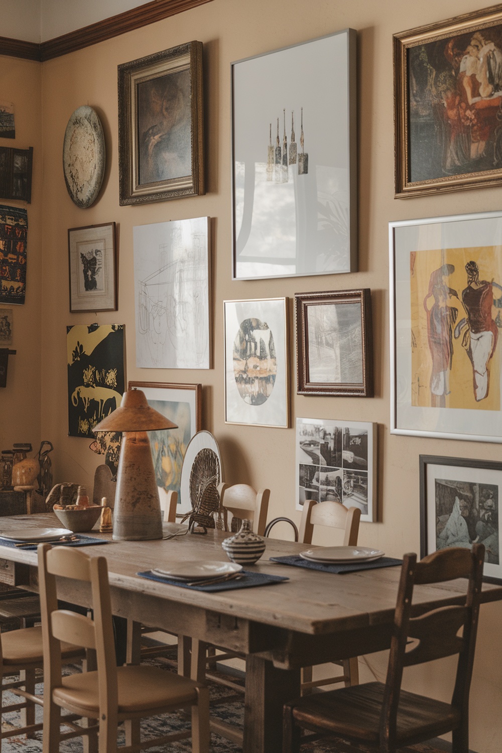 A cozy dining room featuring a variety of framed artworks on the walls, a wooden dining table, and simple chairs.