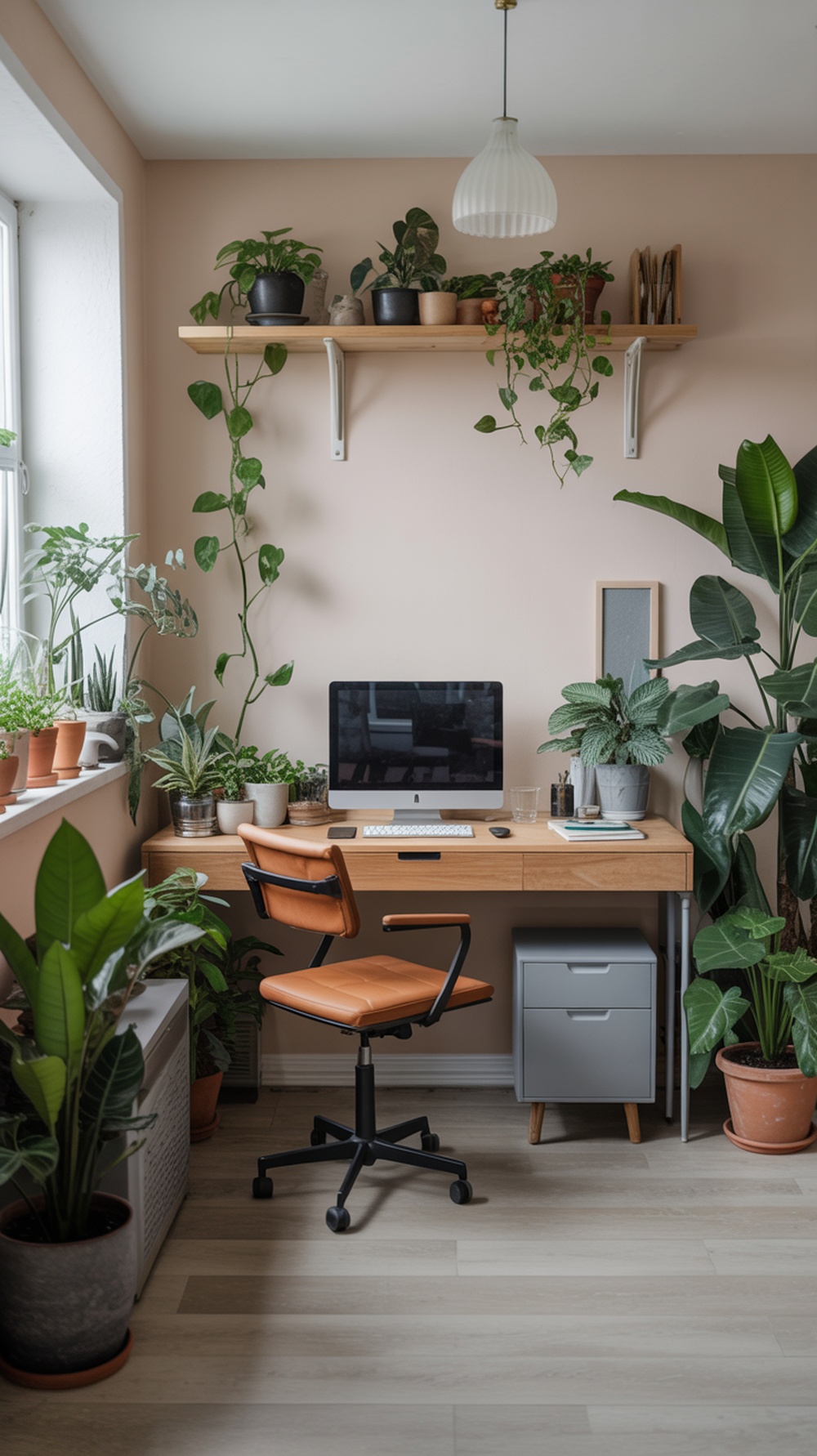 A home office with a wooden desk, computer, and various plants on shelves and the floor.
