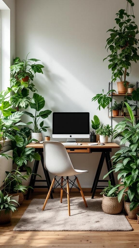 A tiny home office filled with various indoor plants, featuring a desk and computer.