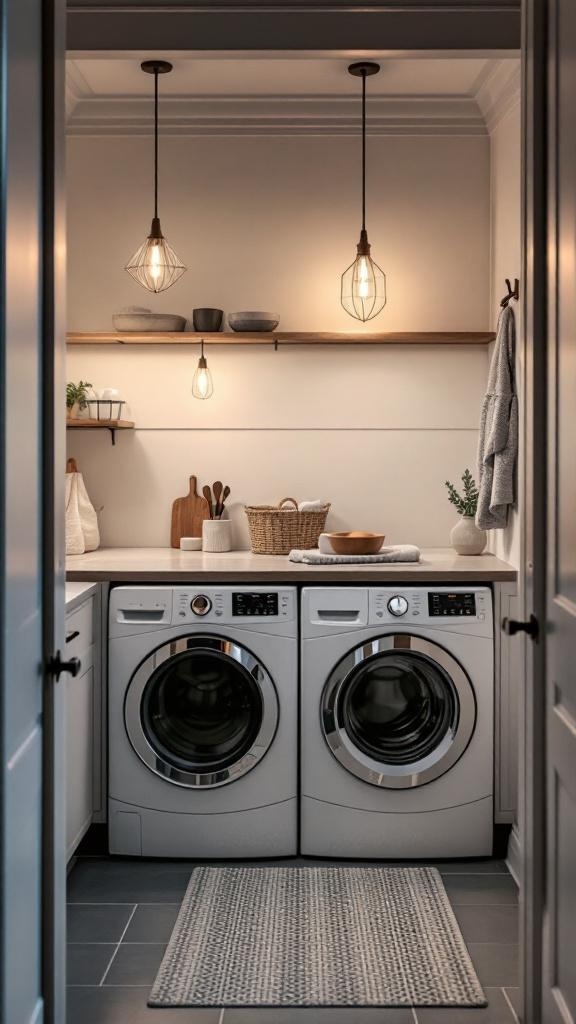 Stylish lighting fixtures in a small laundry room with washing machines and a wooden shelf.