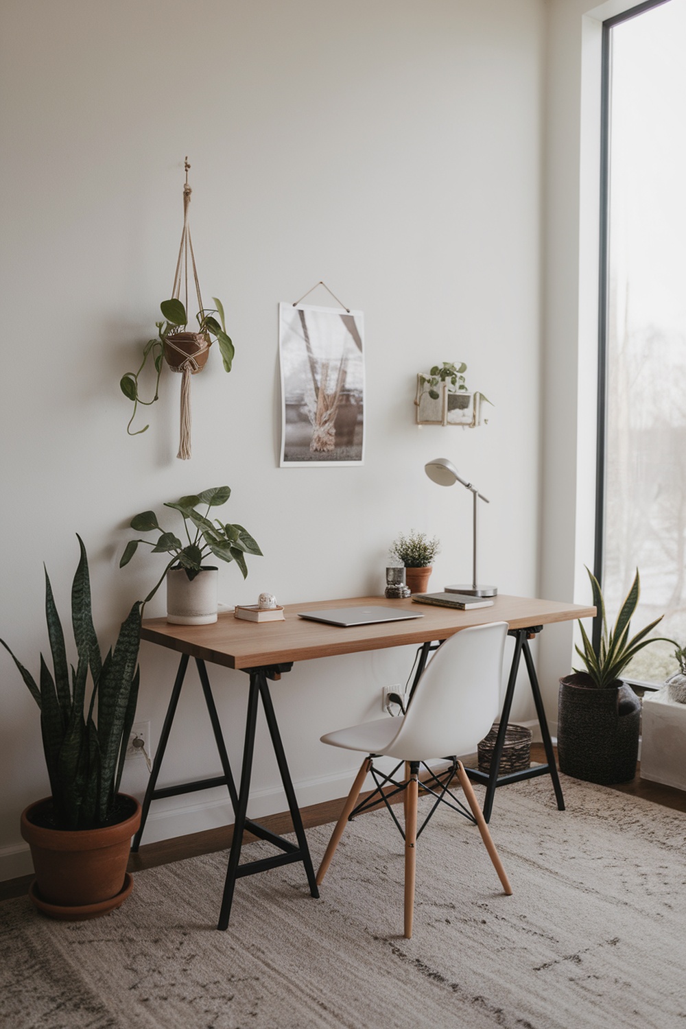 Minimalist home office setup with a desk, laptop, lamp, and plants.