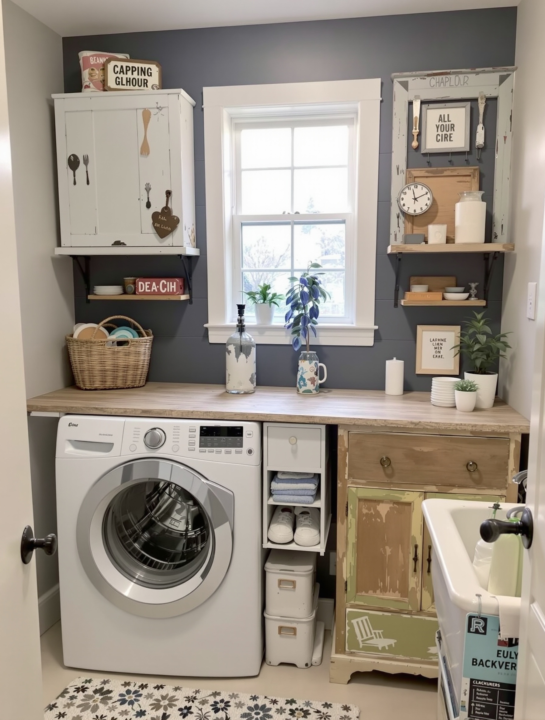 A laundry room featuring upcycled blue wooden furniture, showcasing a shelving unit and a small table, with modern appliances in the background.