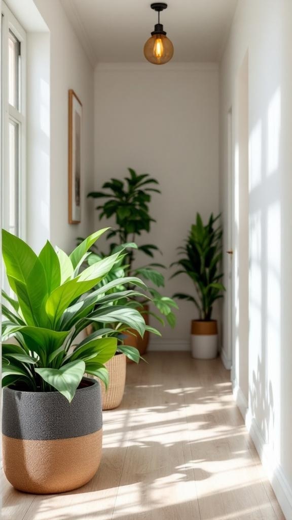 A narrow hallway with indoor plants in stylish pots, showcasing a bright and fresh atmosphere.