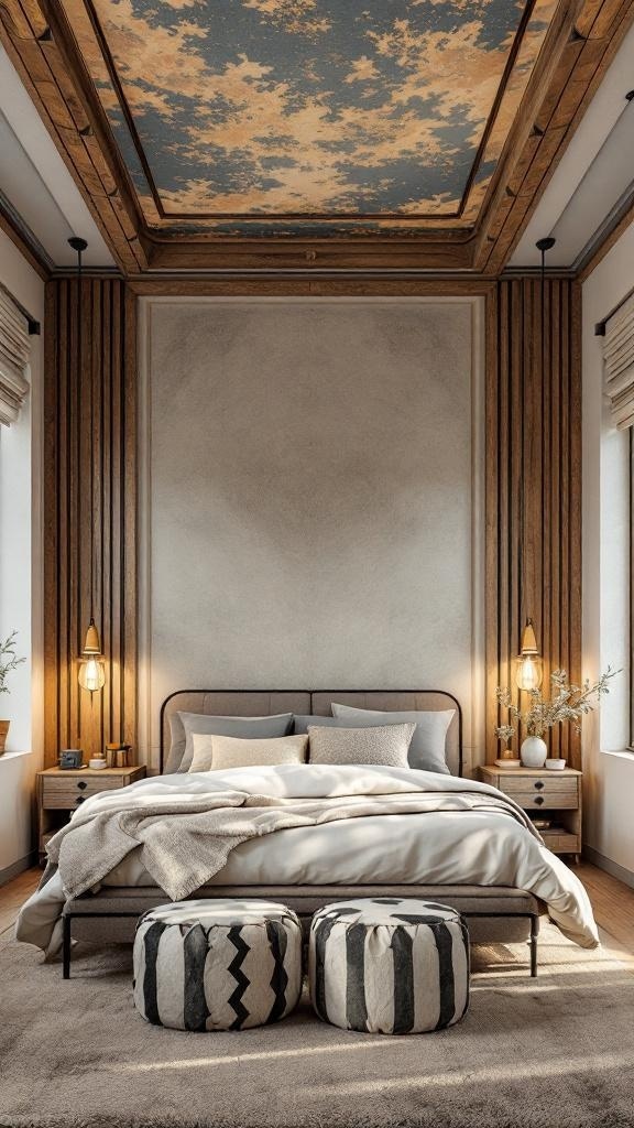 A cozy bedroom featuring a beautifully designed ceiling with wood framing and textured paint.