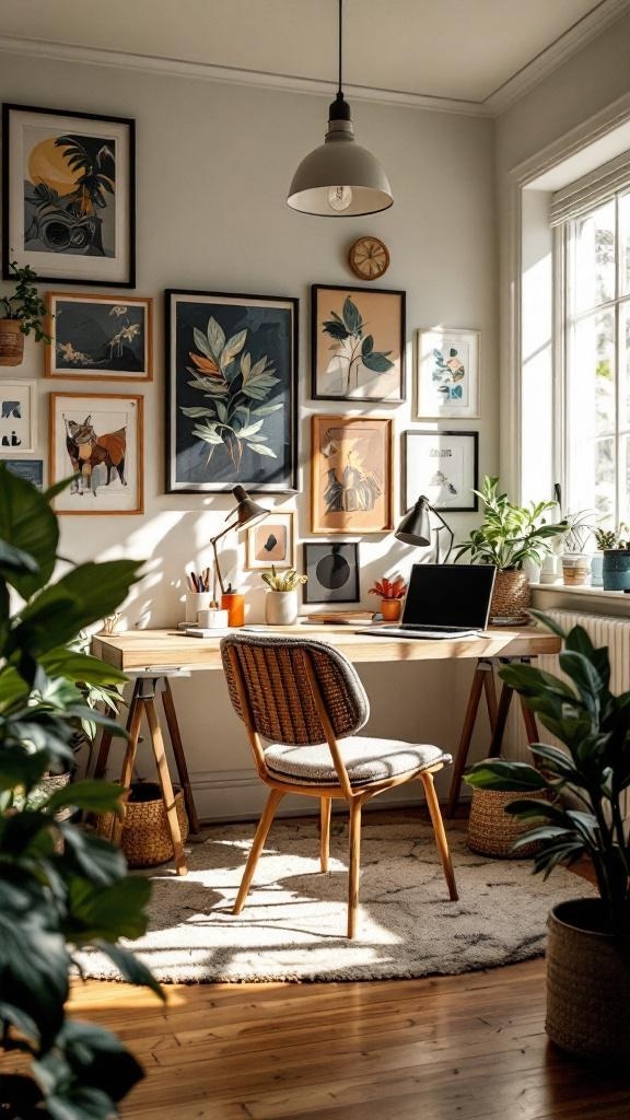 A cozy tiny home office with framed art on the walls, a wooden desk, and plants.