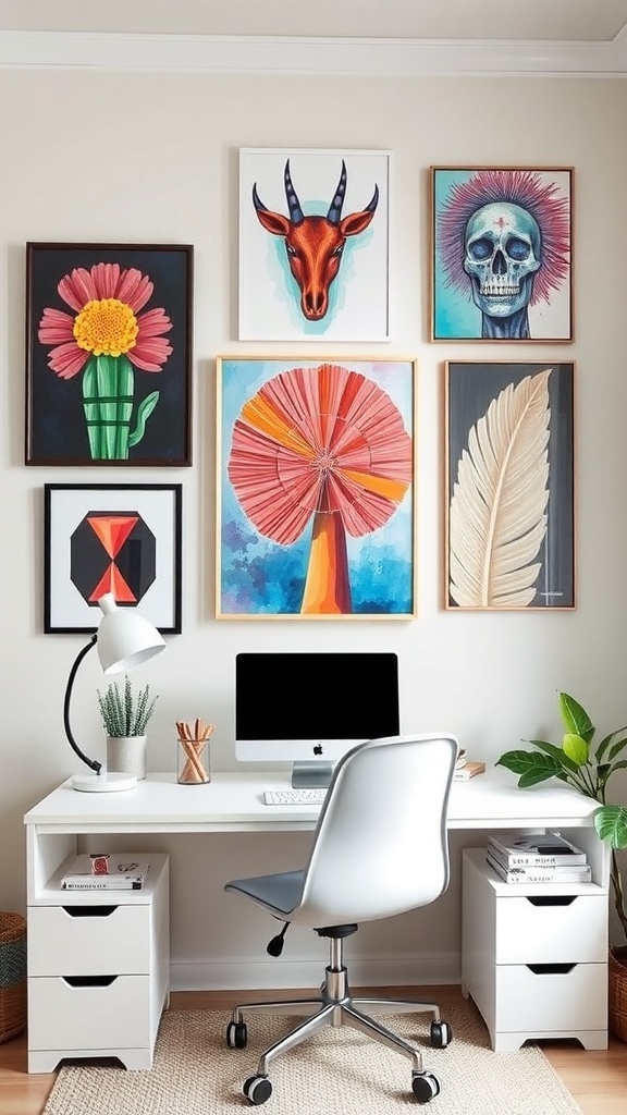 A home office with inspiring wall art featuring colorful framed prints and a modern desk setup.