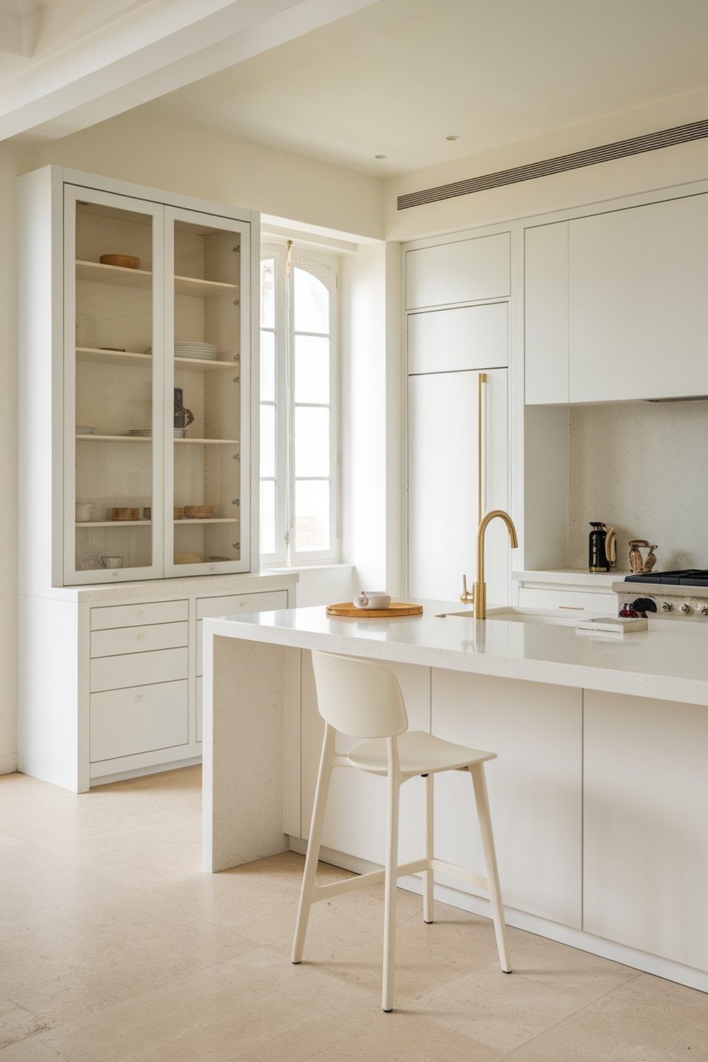 A modern white kitchen featuring integrated appliances and a minimalist design.