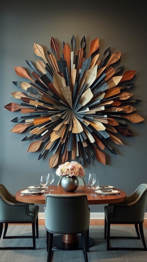 A decorative wall sculpture of a tree with colorful leaves and text, enhancing a dining room's decor.
